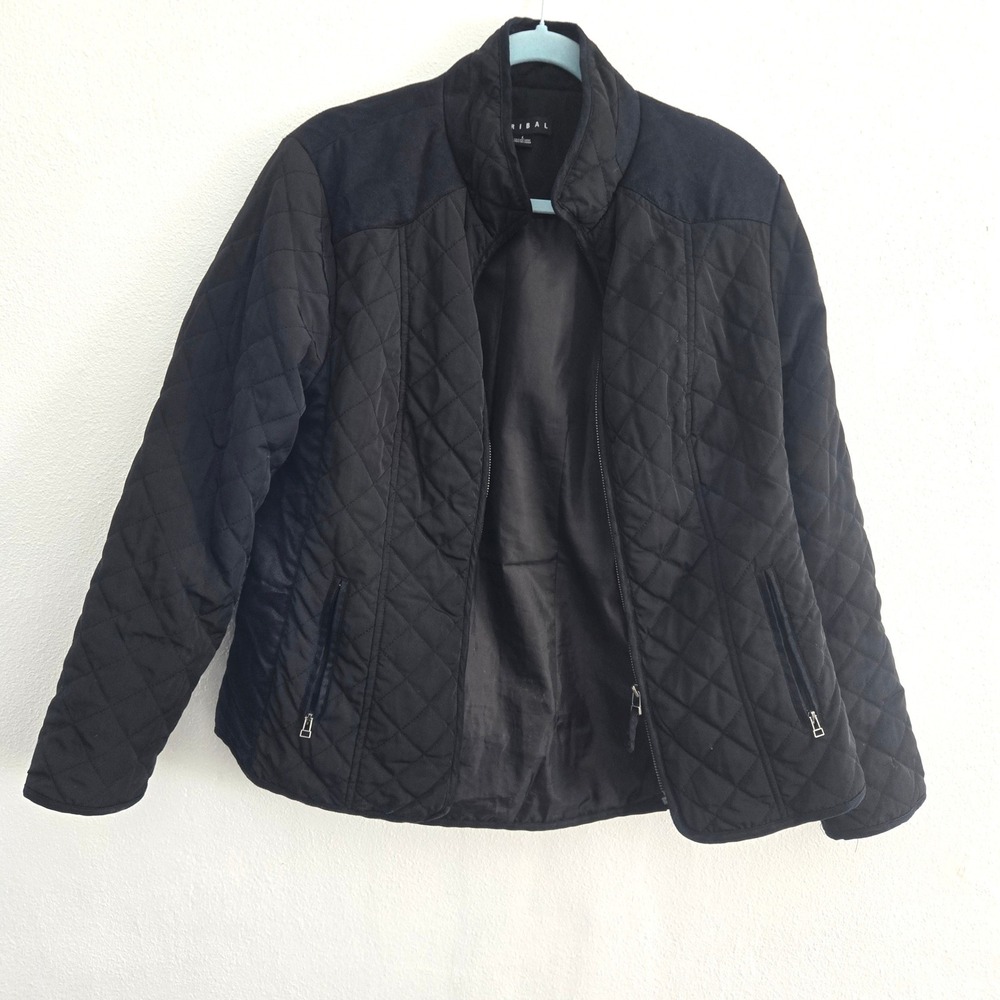 Tribal Black Quilted Zip Up Jacket Faux Suede Womens Large equestrian inspired